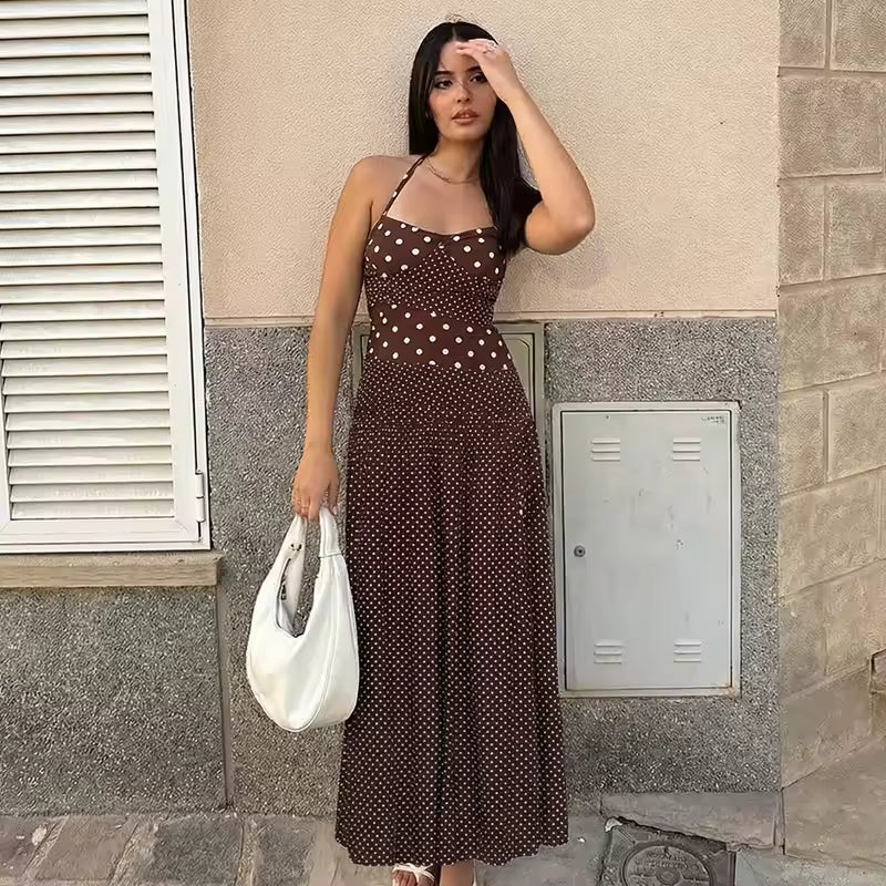 Vintage Halter Neck Polka Dot Dress Women Sexy Backless Ruched Long Dress for Summer Holiday