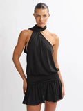 2026 Sexy One Shoulder Polka Dot Mini Dress Women Halter Backless Ruched Waist Robe