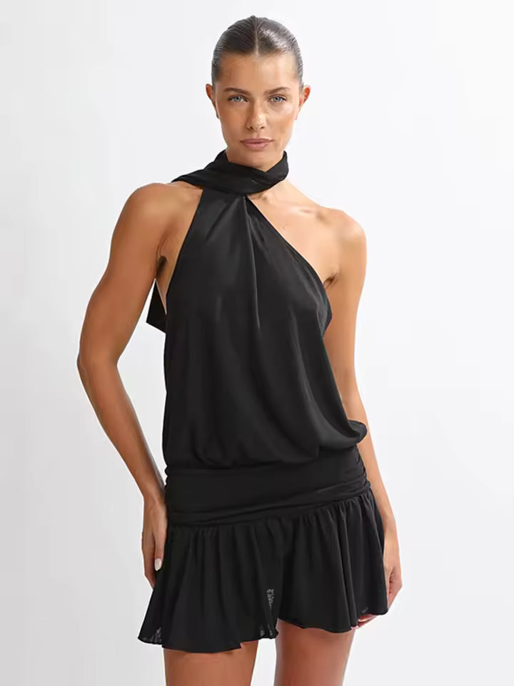 2026 Sexy One Shoulder Polka Dot Mini Dress Women Halter Backless Ruched Waist Robe