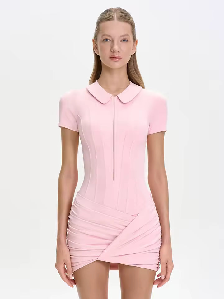 2026 Autumn Women's Zip Up Polo Mini Dress Boned Corset Waist Slim Bodycon Party Robe