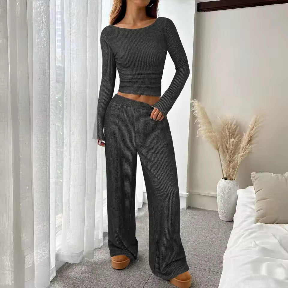 Chic Minimalist Bardot Top Set Women Sexy Off-the-Shoulder Wide Leg Trousers Gown