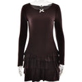 Chic Coquette Bow Mini Dress Women Sexy Frill Hem Layered Long Sleeve Gown