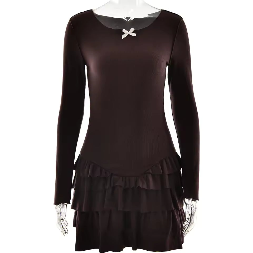 Chic Coquette Bow Mini Dress Women Sexy Frill Hem Layered Long Sleeve Gown