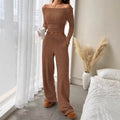Chic Minimalist Bardot Top Set Women Sexy Off-the-Shoulder Wide Leg Trousers Gown