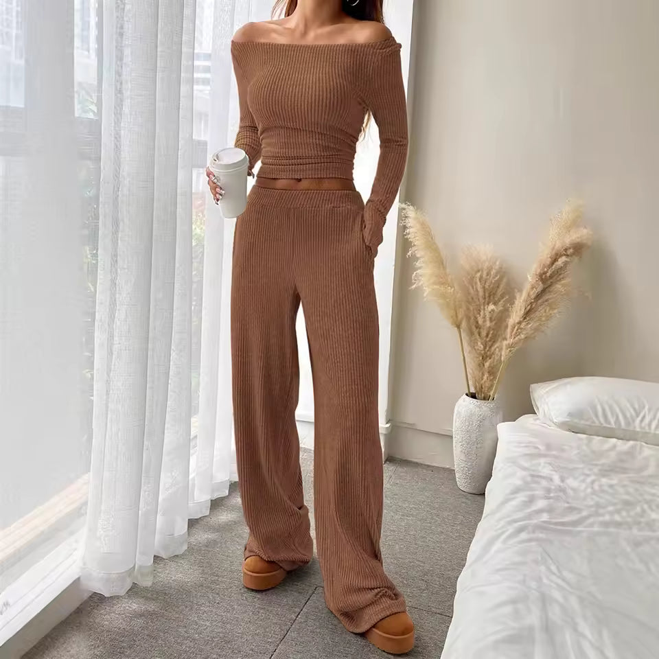 Chic Minimalist Bardot Top Set Women Sexy Off-the-Shoulder Wide Leg Trousers Gown