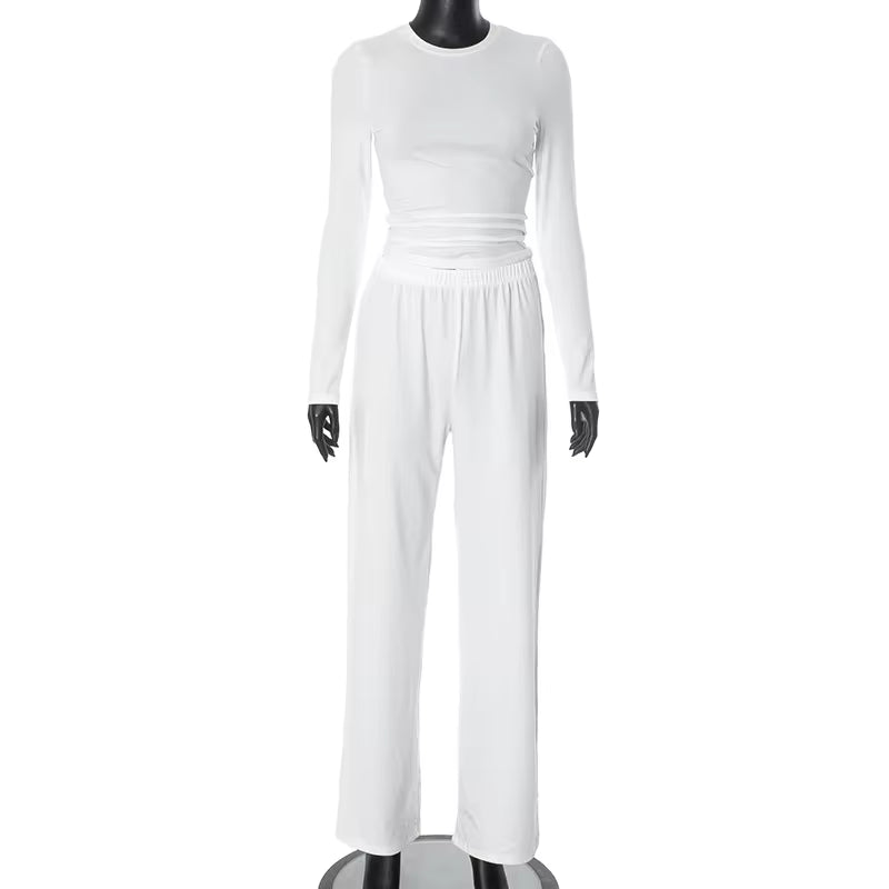 2026 Autumn Basic Wide Leg Pant Set Women Solid Crew Neck Long Sleeve Top Loose Robe
