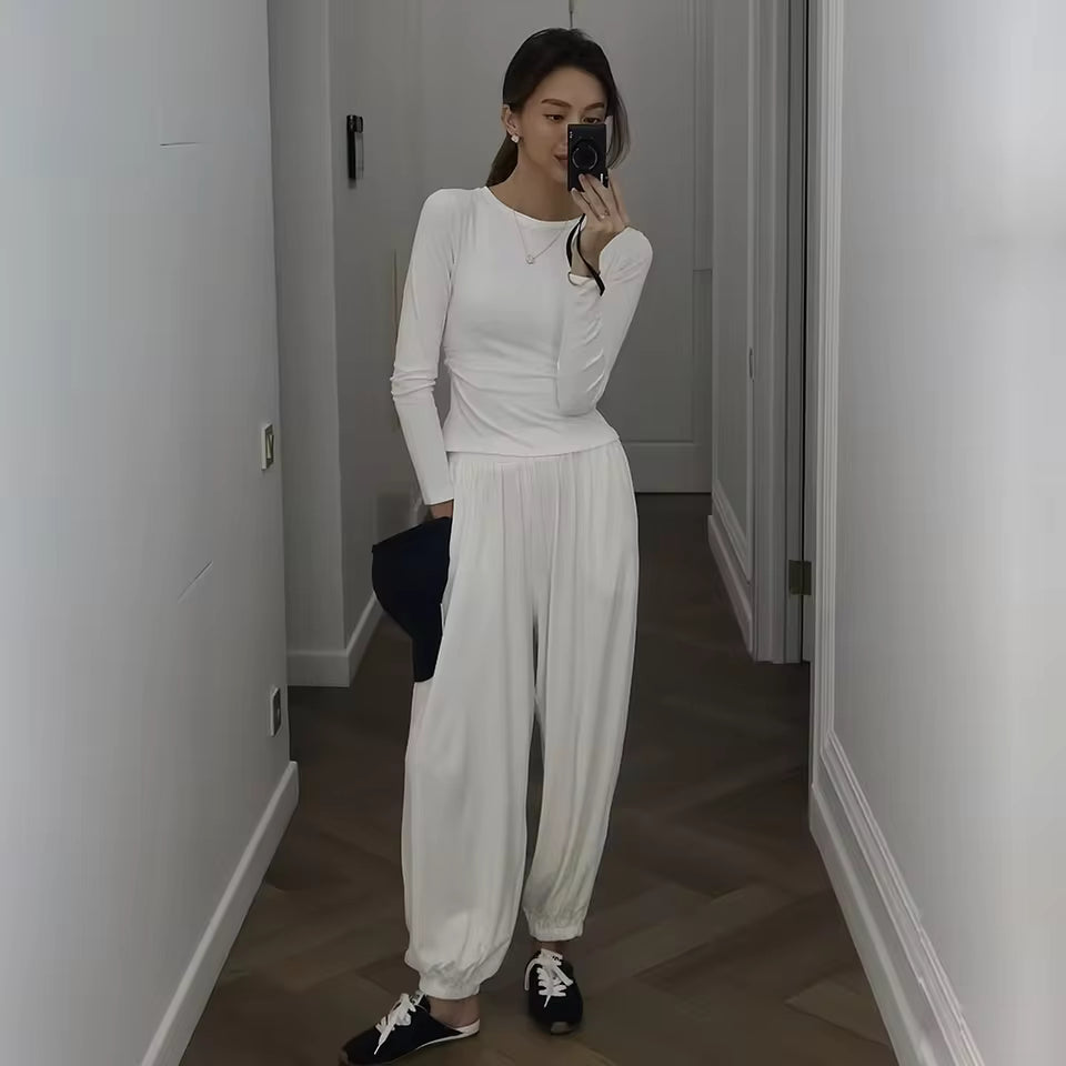 2026 Fall Women's Two Piece Set O-Neck Long Sleeve Top Cuffed Jogger Pants Sweatshirt Robe