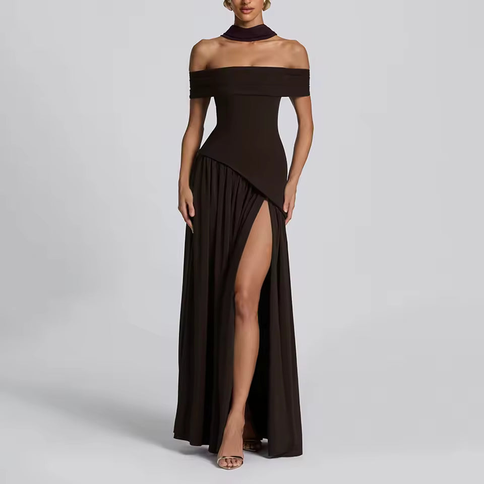 2026 Autumn Elegant Scarf Neck Maxi Dress Women Ruched High Slit Draped Robe