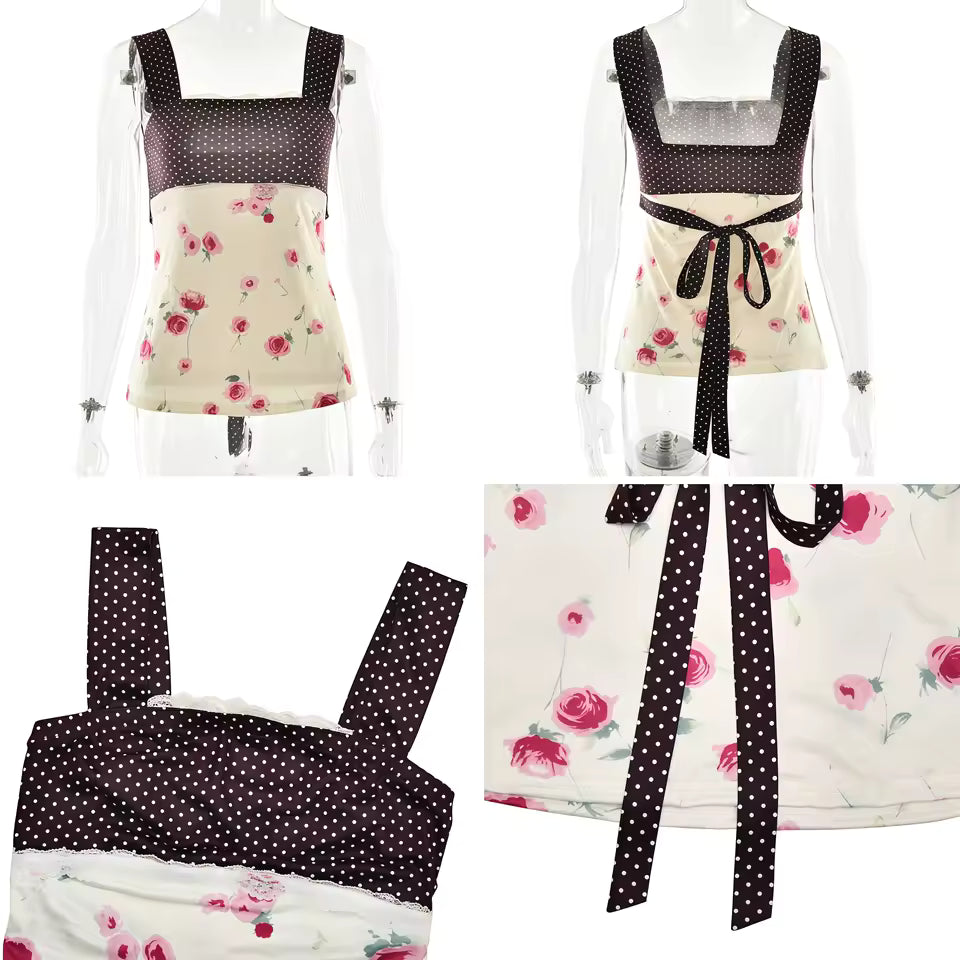 2026 Vintage Polka Dot Lace Patchwork Camisole Women Square Neck Tie Back Slim Robe