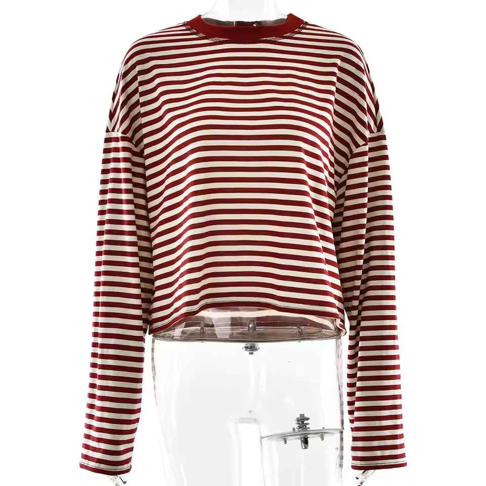 2026 Autumn Stripe Patchwork T-Shirt Women Loose O-Neck Long Sleeve Top Robe
