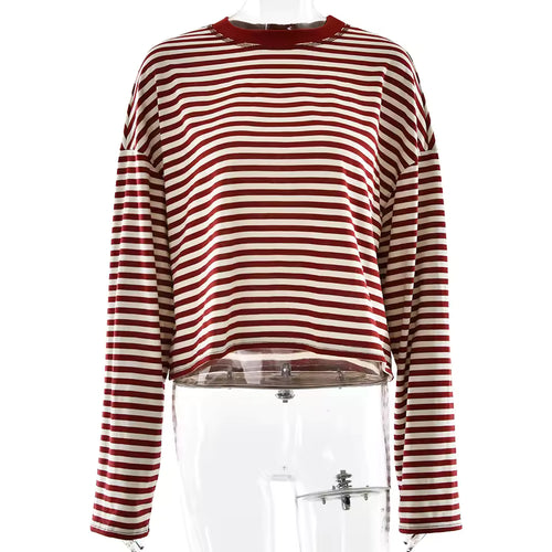 2026 Autumn Stripe Patchwork T-Shirt Women Loose O-Neck Long Sleeve Top Robe