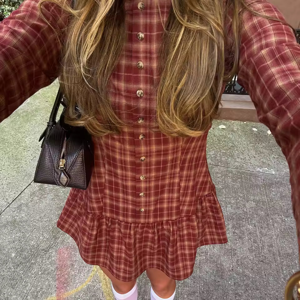 2026 Autumn Red Brown Plaid Mini Dress Women Y2K Square Neck Long Sleeve A-Line Robes