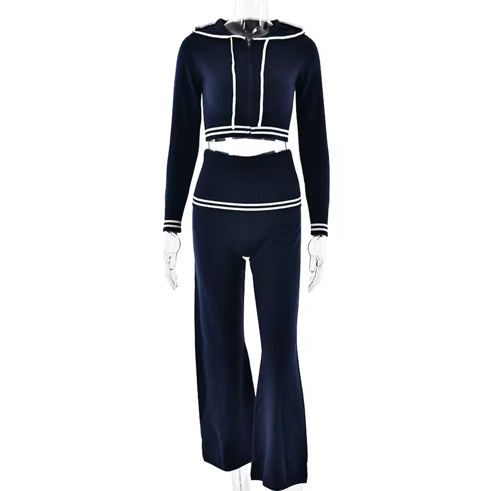 2026 Winter Striped Contrast 2 Piece Set Women Zipper Hooded Crop Jacket Flare Pant Robe