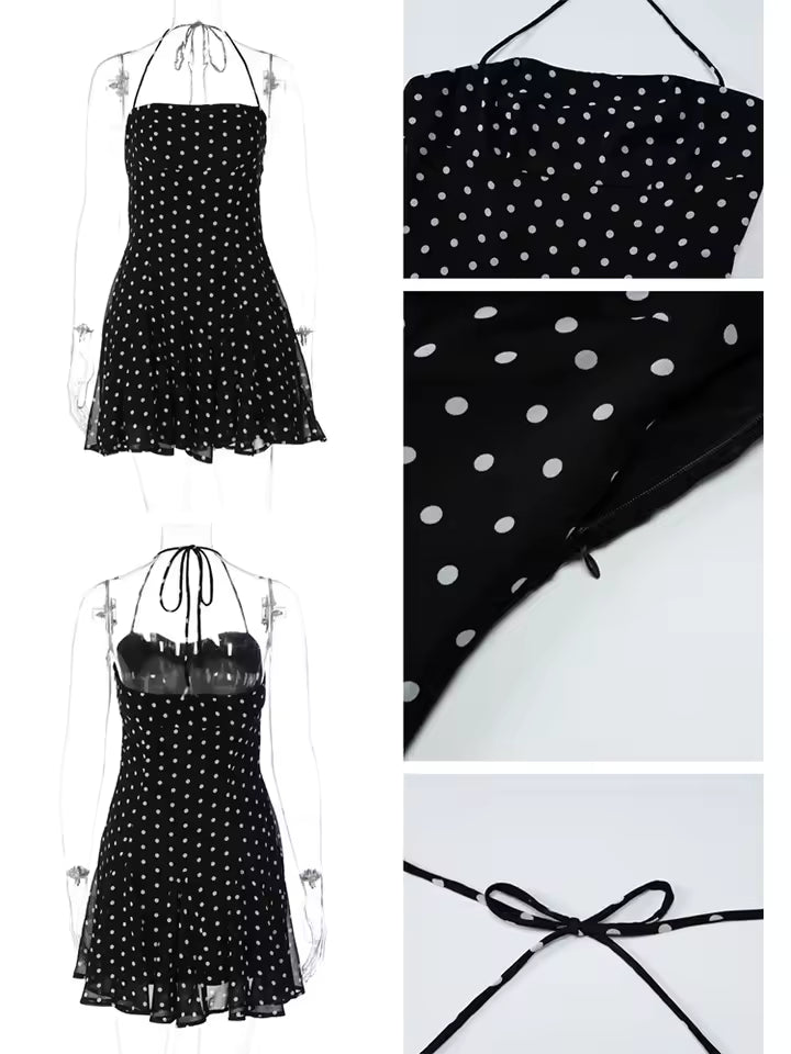 2026 Sexy Polka Dot Halter Mini Dress Women Y2K Aesthetic Backless Strapless Slim Fit Sundress