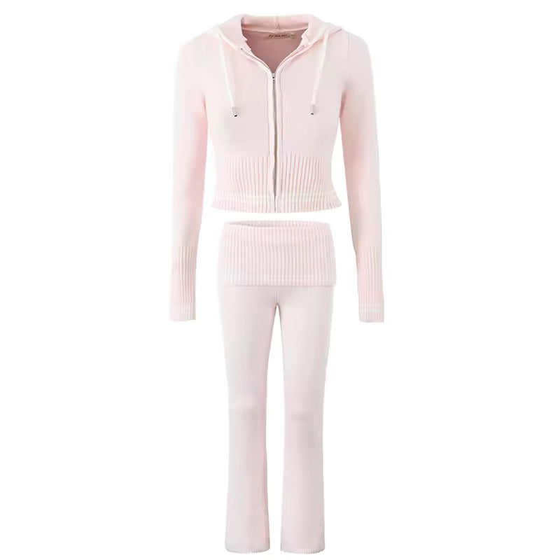 2026 Winter Striped Contrast 2 Piece Set Women Zipper Hooded Crop Jacket Flare Pant Robe