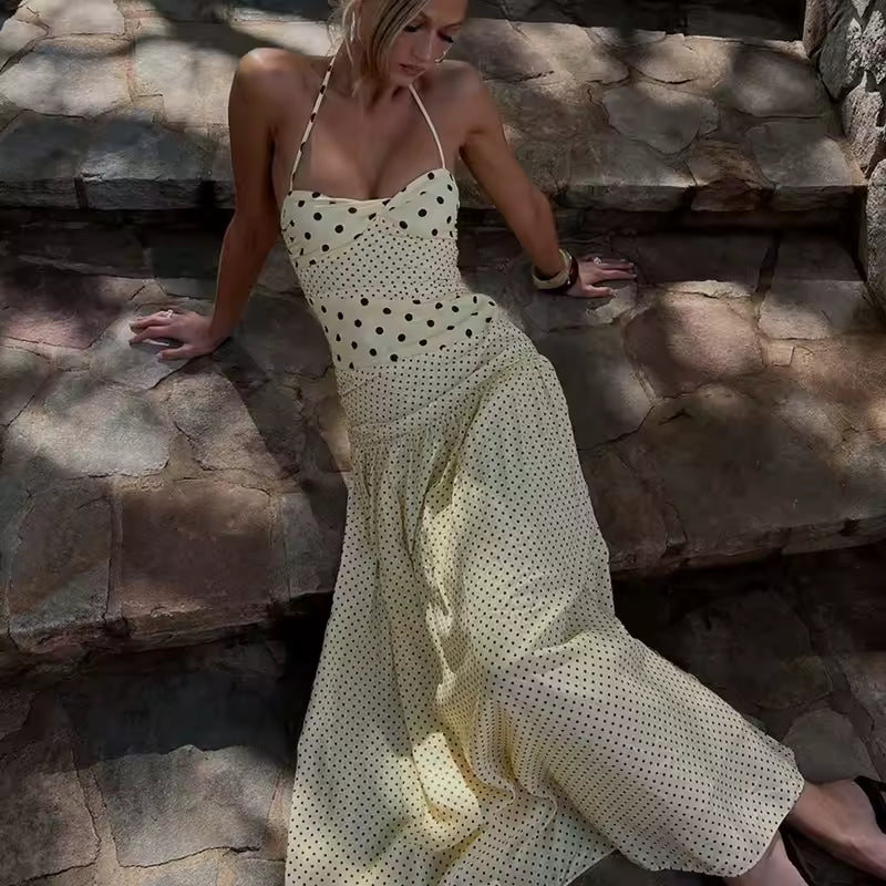 Vintage Halter Neck Polka Dot Dress Women Sexy Backless Ruched Long Dress for Summer Holiday