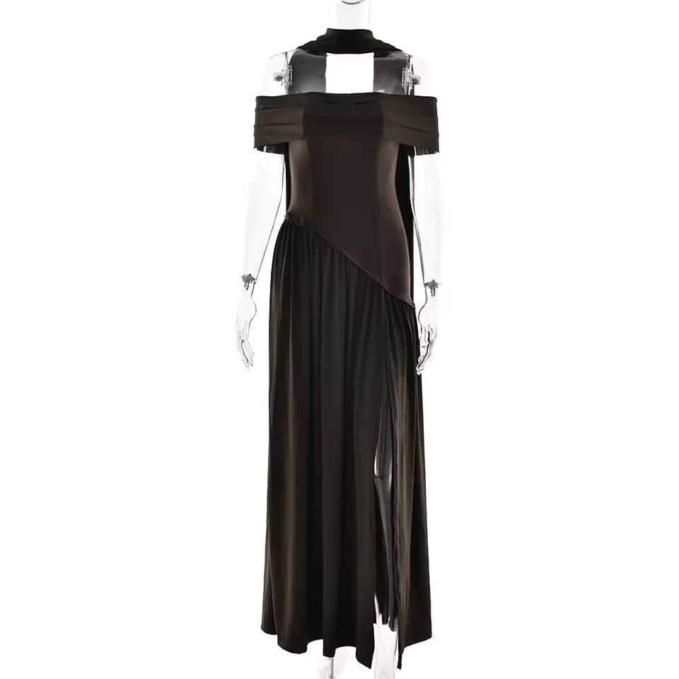 2026 Autumn Elegant Scarf Neck Maxi Dress Women Ruched High Slit Draped Robe