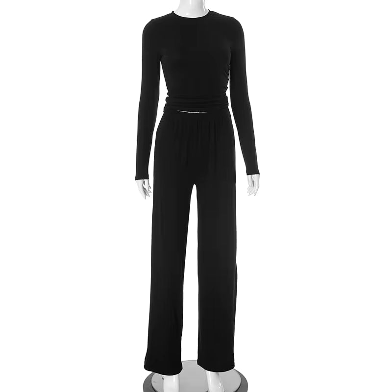 2026 Autumn Basic Wide Leg Pant Set Women Solid Crew Neck Long Sleeve Top Loose Robe