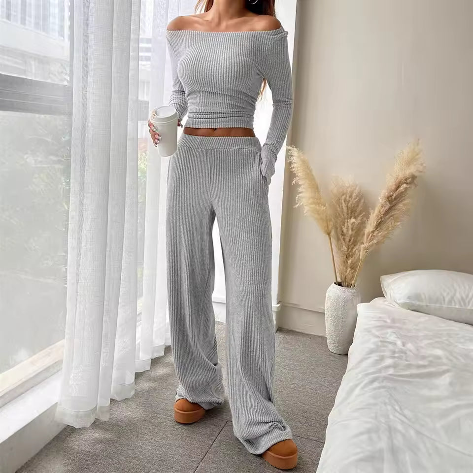 Chic Minimalist Bardot Top Set Women Sexy Off-the-Shoulder Wide Leg Trousers Gown