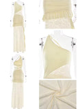 2026 Sexy Asymmetrical Neck Lace Patchwork Robe Women Backless Tie-Up Ruffled Gown