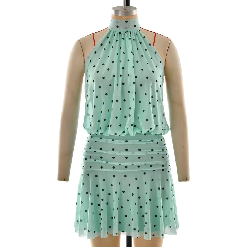 2026 Sexy Polka Dot Halter Mini Dress Women Backless Tie Ruched Waist Robe