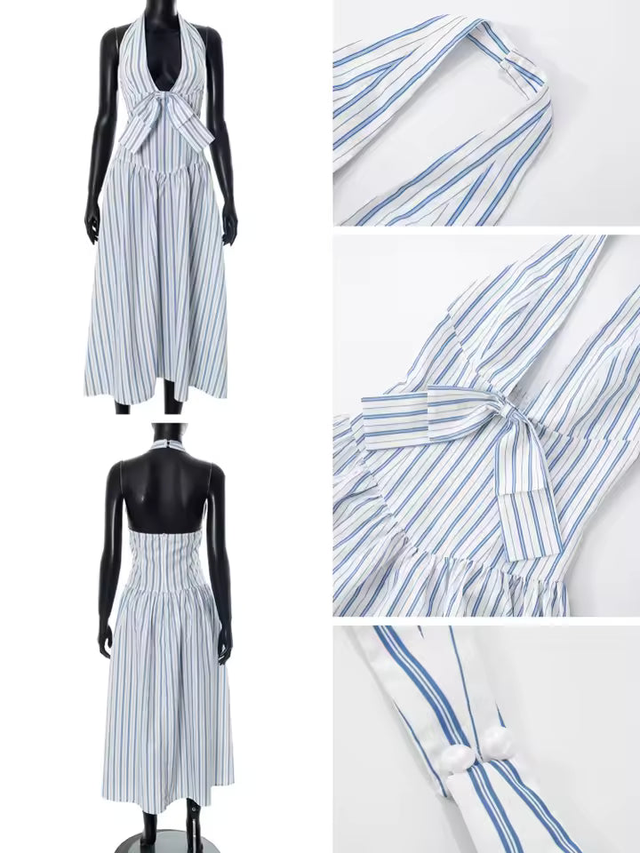 Women’s Elegant Stripe Maxi Dress Sexy Deep V-Neck Halter Backless Summer Party Dress Spliced Bow Slim Fit Long Vestidos