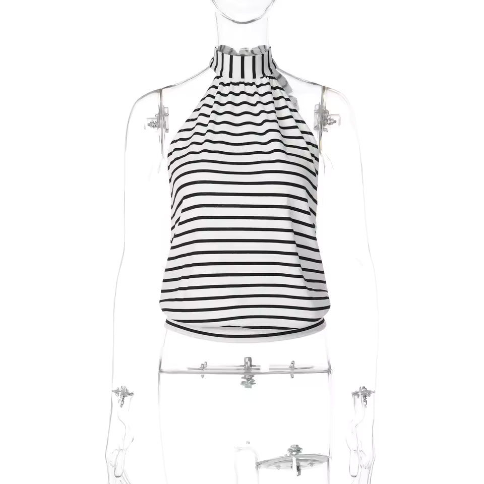 Y2K Striped Halter Tie Tank Top Women Sexy Backless Turtleneck Sleeveless Vest Retro 90s Slim Fit Camis Streetwear Outfit