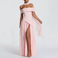 2026 Autumn Elegant Scarf Neck Maxi Dress Women Ruched High Slit Draped Robe