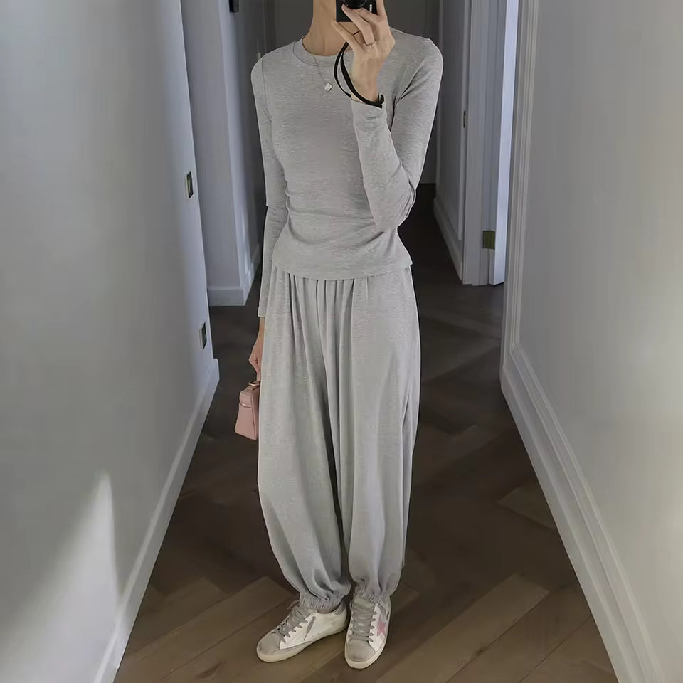 2026 Fall Women's Two Piece Set O-Neck Long Sleeve Top Cuffed Jogger Pants Sweatshirt Robe