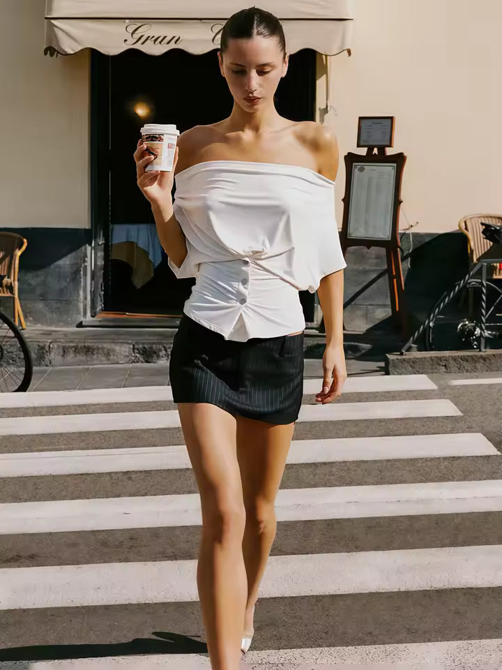 Chic Asymmetric Draped Tee Women Sexy One-Shoulder Ruched Waist Button Gown