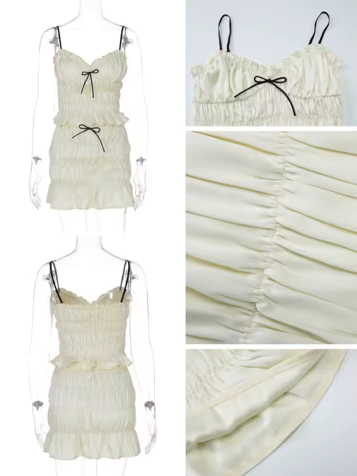 2026 Sexy Chiffon Skirt Set Women V-Neck Ruched Cami Top Backless Mini Skirts Robe