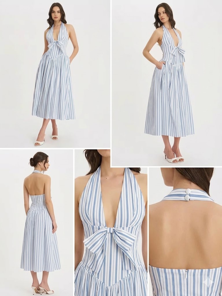 Women’s Elegant Stripe Maxi Dress Sexy Deep V-Neck Halter Backless Summer Party Dress Spliced Bow Slim Fit Long Vestidos